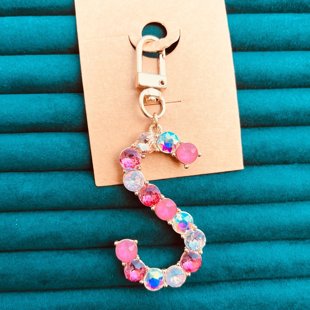 Rhinestone initial Letter “S” Keychain Bag Charm – Pink & Iridescent Crystals